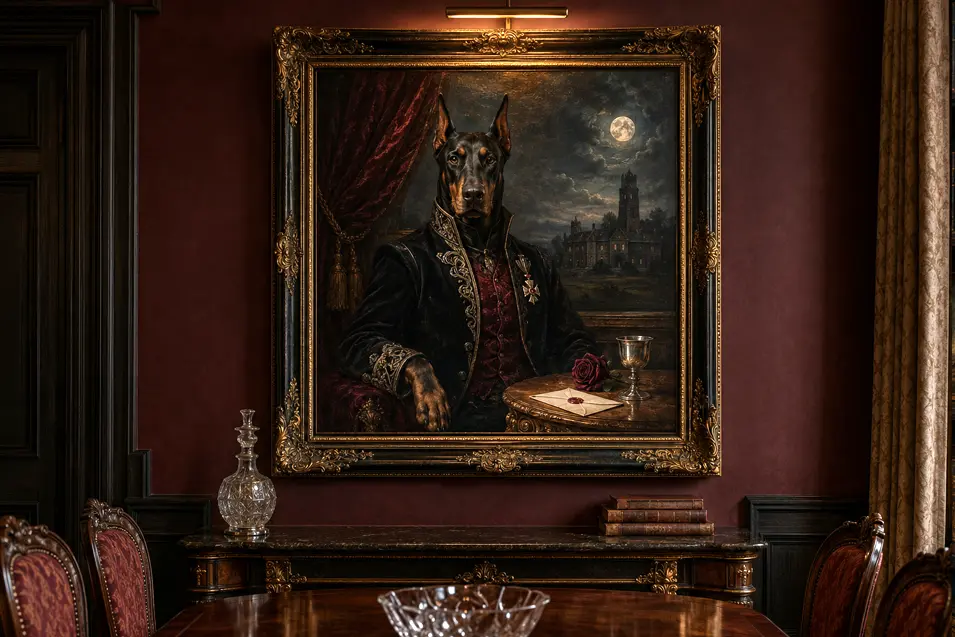 An aristocratic Doberman vampire portrait commands a richly furnished burgundy dining room filled with dark wood and Gothic elegance.
