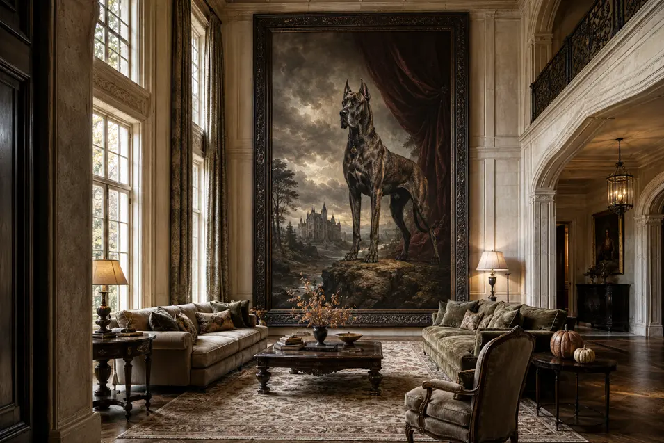 A monumental Gothic portrait of a Great Dane dominates an elegant living room, with a stormy sky and mysterious old estate in the distance.