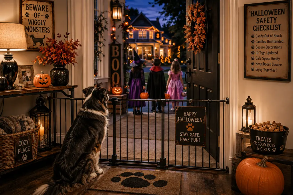 A dog watches trick-or-treaters from safely behind a gate, surrounded by thoughtful Halloween decorations, treats and pet-safety reminders.