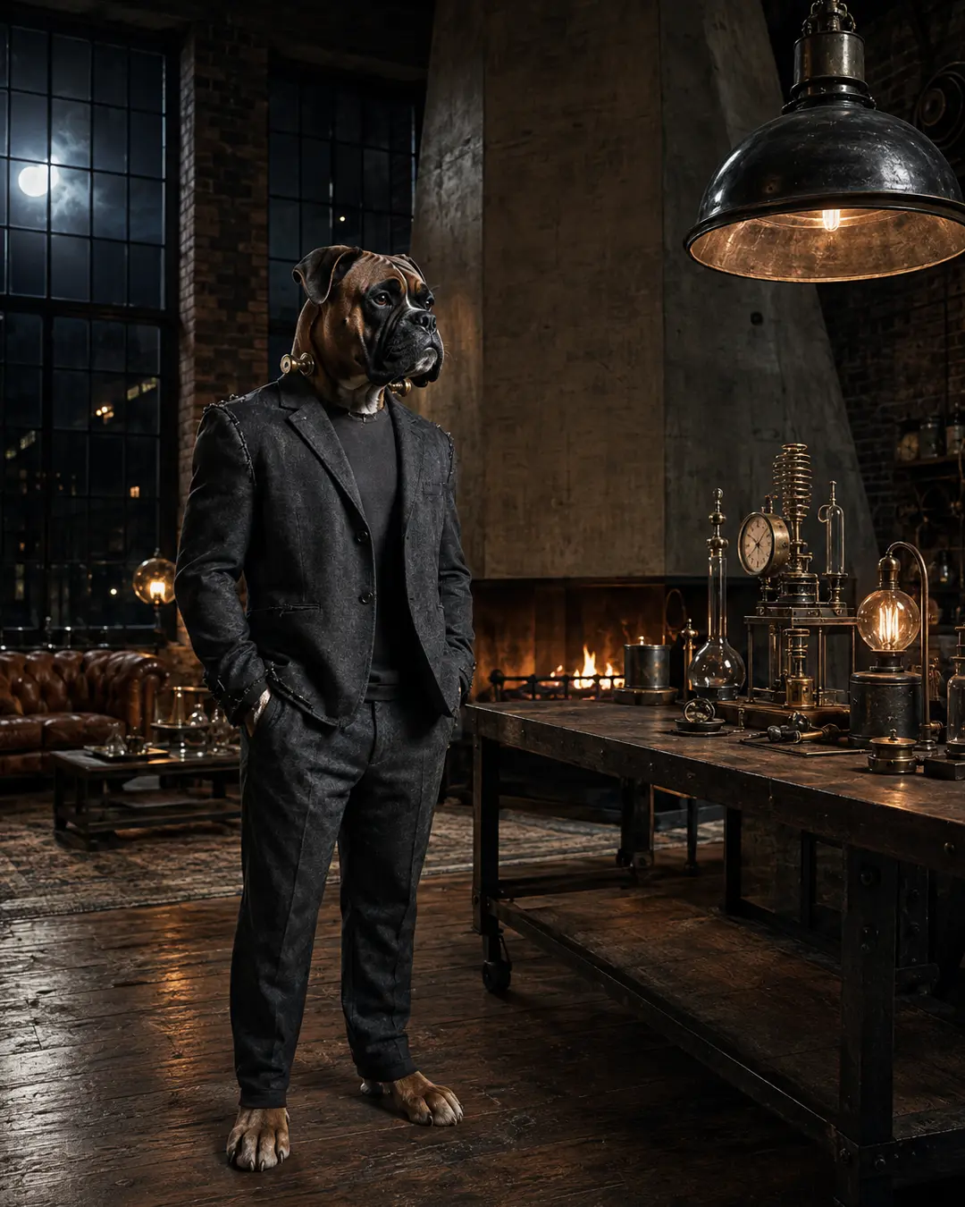 A Frankenstein Boxer stands in a dramatic industrial loft filled with antique laboratory instruments, warm firelight and moonlit windows.