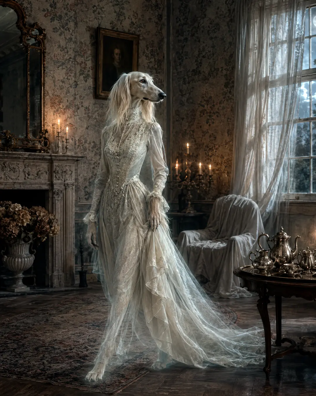 A ghostly Saluki in a Victorian gown drifts through a faded country manor where candles burn and a silver tea service awaits forgotten guests.