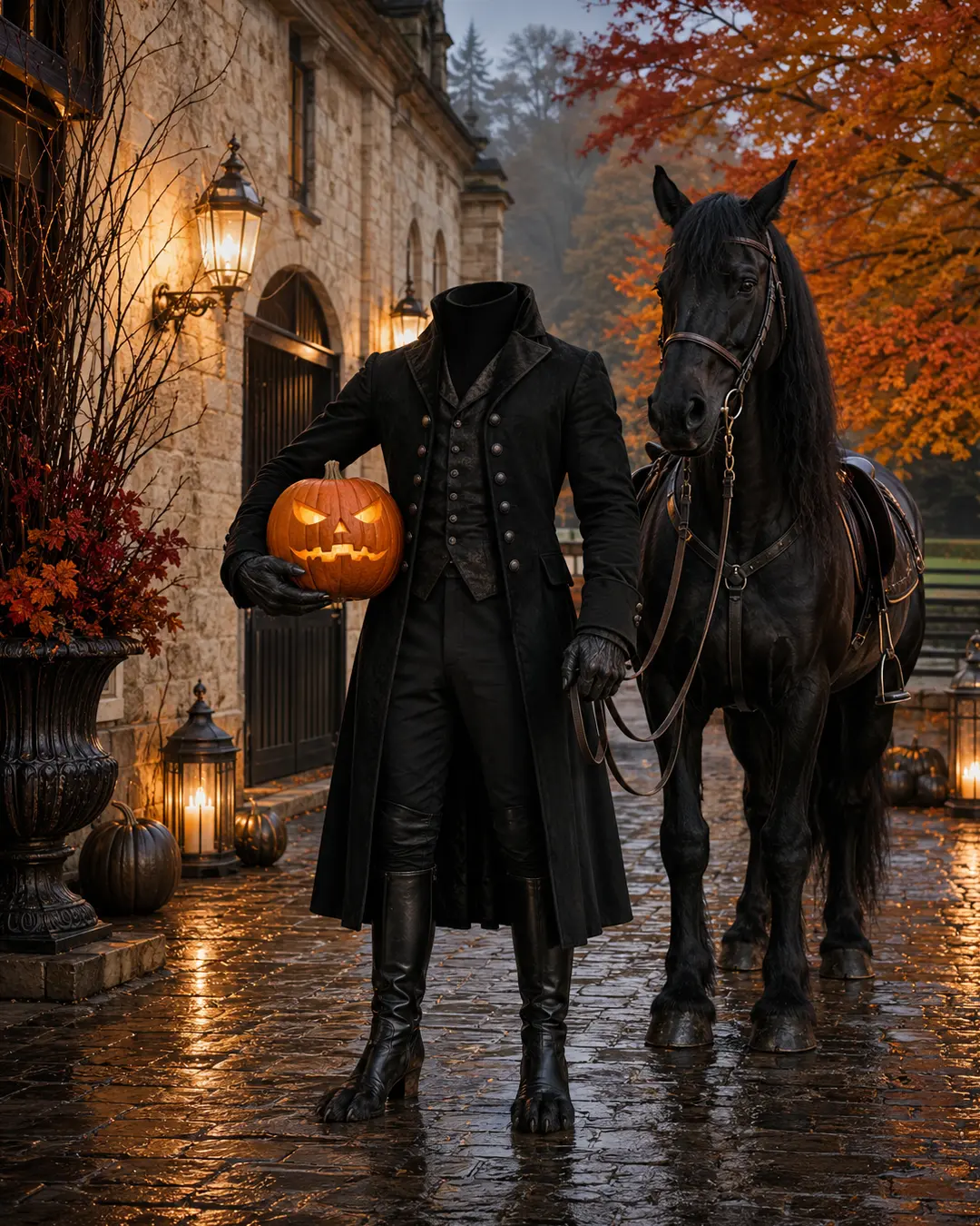 A headless Great Dane holds a glowing jack-o’-lantern beside his black horse at a grand equestrian estate on a misty autumn evening.