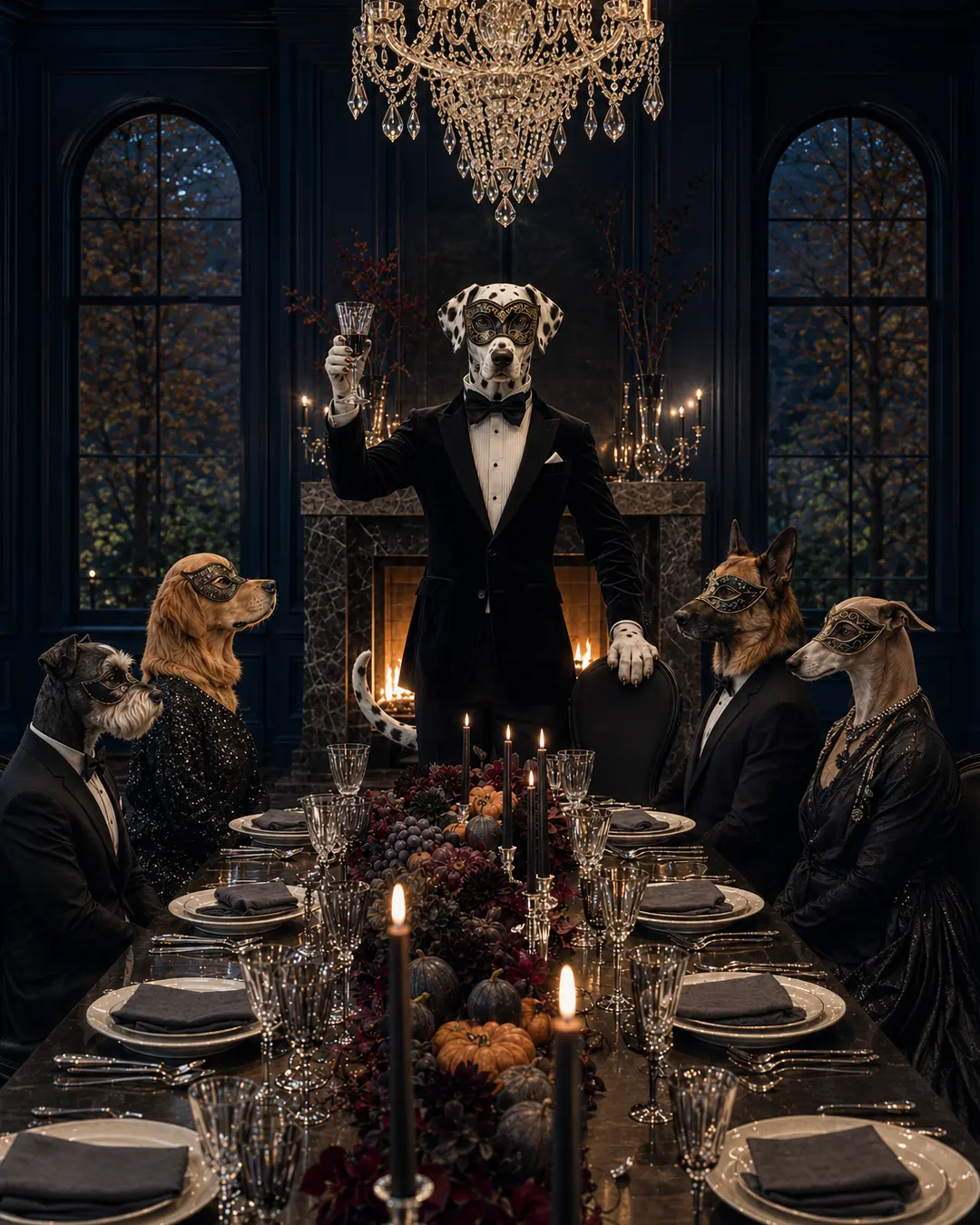 A masked Dalmatian raises a glass at an extravagant candlelit Halloween dinner attended by elegantly dressed canine guests.
