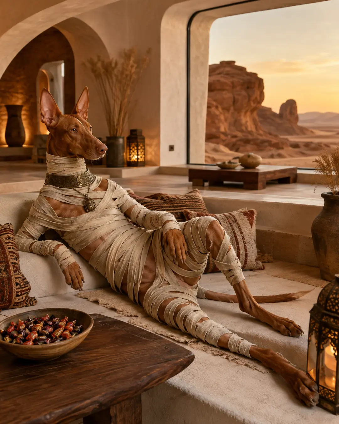 A mummy-wrapped Pharaoh Hound relaxes in a warm desert-modern home overlooking sunlit sandstone formations, with Halloween candy close at hand.