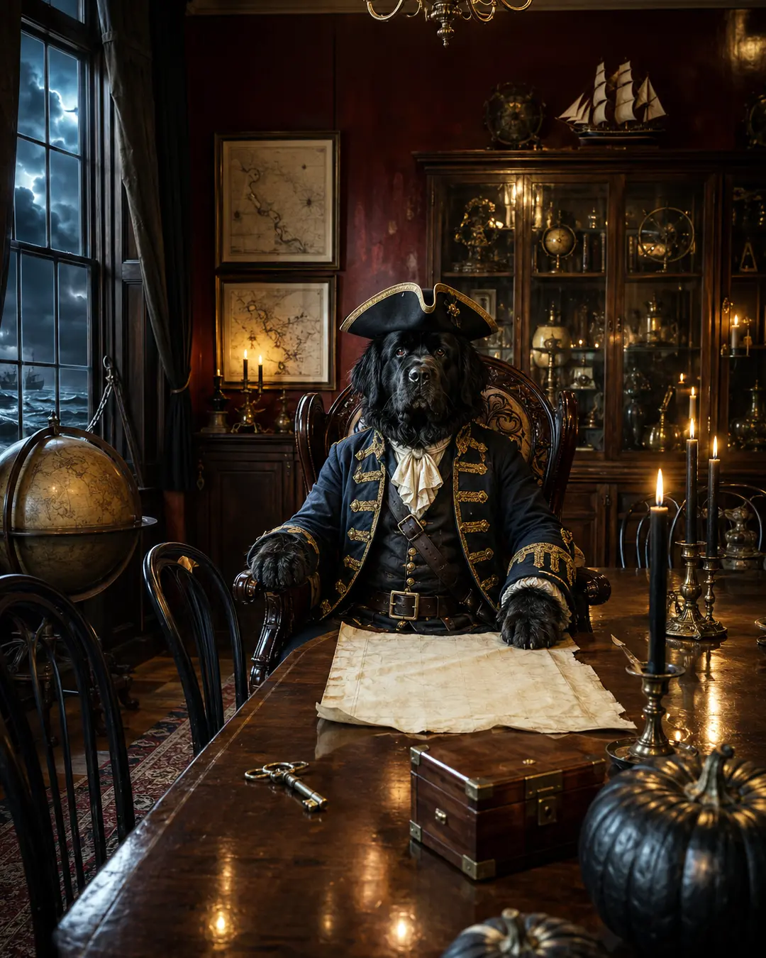 A pirate dog studies a treasure map in a candlelit collector’s room filled with nautical antiques and stormy Halloween atmosphere.
