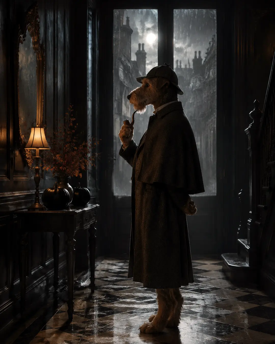 A Sherlock Holmes dog studies clues in an elegant, shadowy hallway as rain falls beyond the door and black pumpkins add Halloween mystery.
