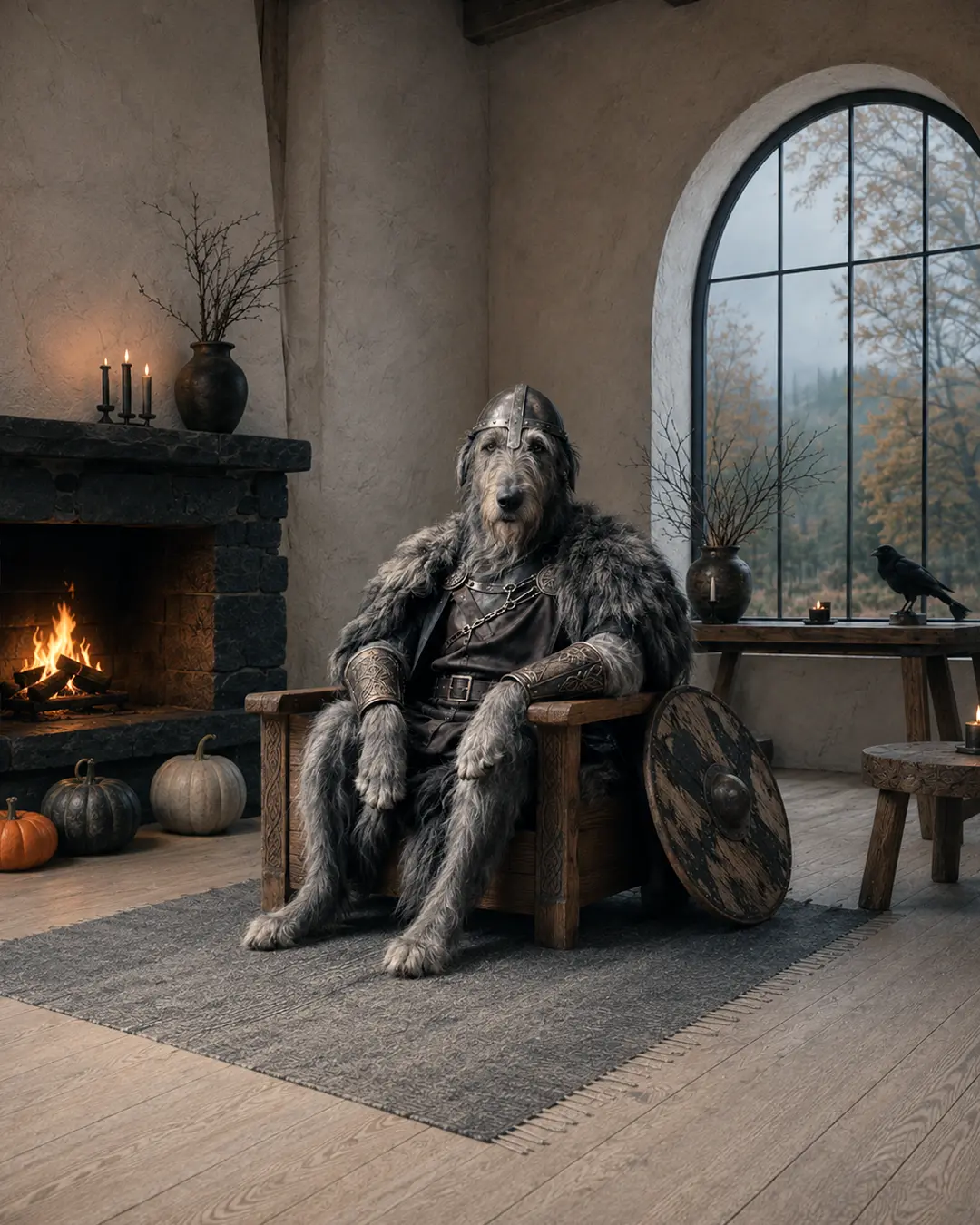 An Irish Wolfhound dressed as a Viking sits beside a stone fireplace in an elegant Scandinavian room decorated for Halloween.