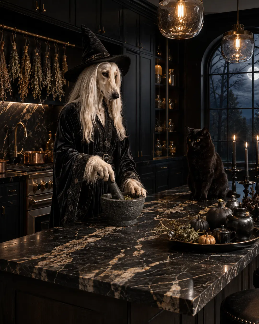 An elegant witch dog prepares herbs in a luxurious black kitchen while her feline familiar watches beneath the full moon.