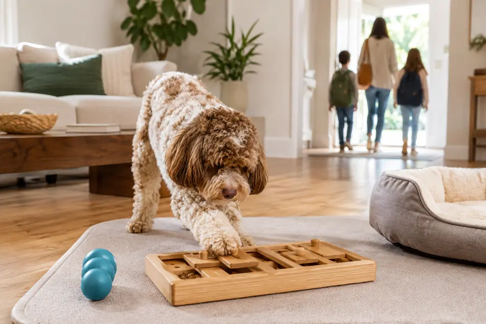 A Lagotto works on a wooden food puzzle in a bright living room while a parent and two children leave for school.