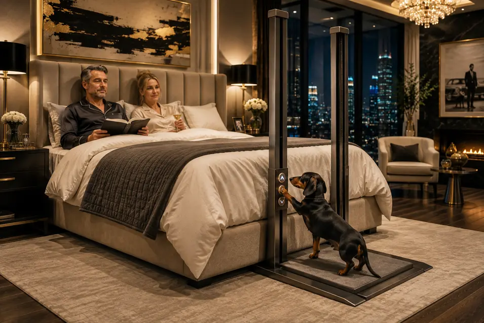 A Dachshund operates its own bedside lift while a couple relaxes in a luxurious penthouse bedroom overlooking the city.