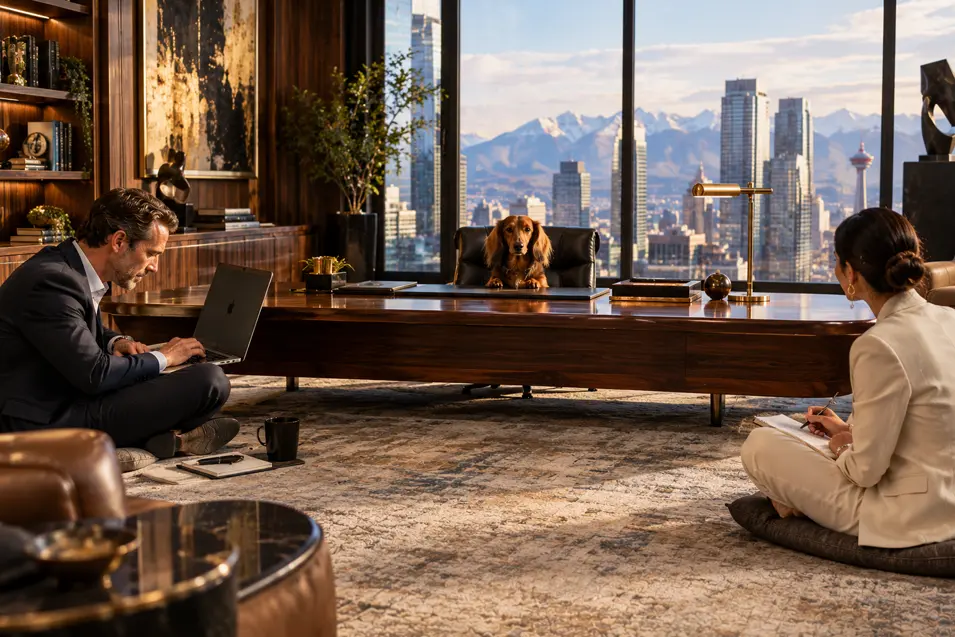 A Dachshund takes the boss’s chair behind an enormous executive desk while two professionals attend a meeting in a luxurious Calgary office.
