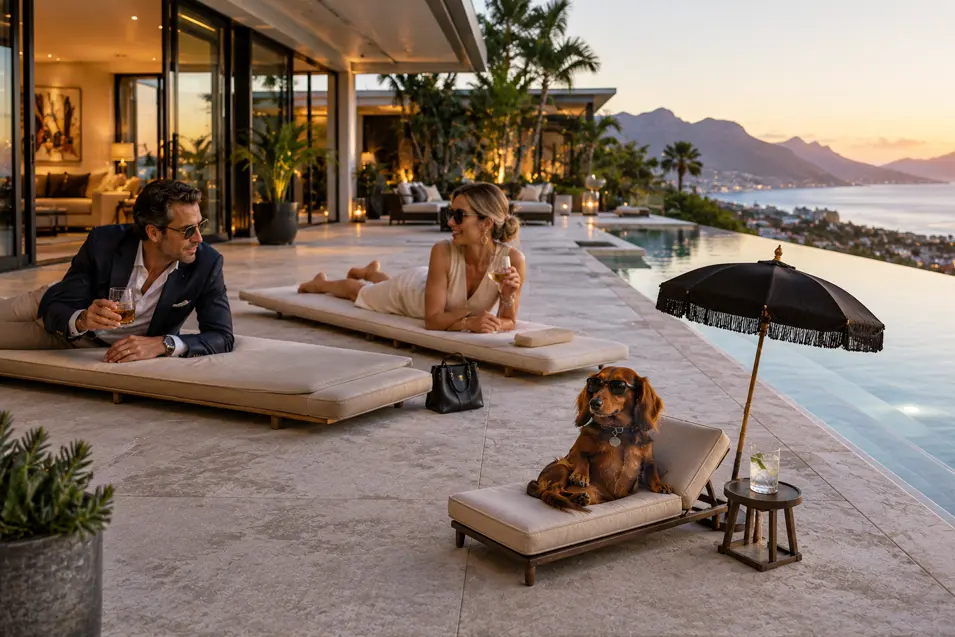 A Dachshund lounges poolside in sunglasses beneath its own parasol while its owners enjoy sunset drinks at a luxurious mountainside villa.