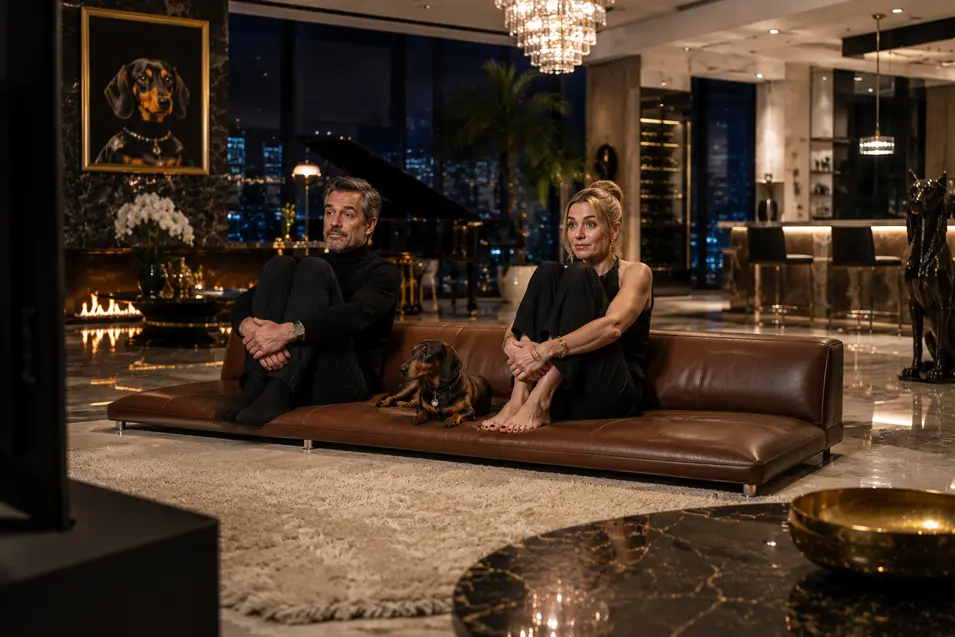 A stylish couple and their Dachshund relax on a leather sofa in a luxurious penthouse filled with dramatic art and glittering city views.