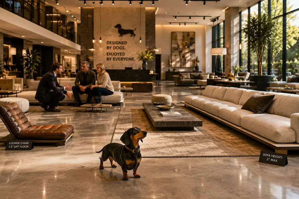 A Dachshund surveys a luxurious furniture showroom where low-profile sofas and chairs have been designed specifically with dogs in mind.