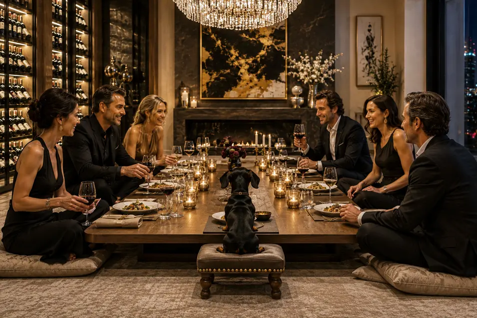 A Dachshund gets the best seat at an elegant dinner party, joining impeccably dressed guests around a candlelit table in a luxurious penthouse.