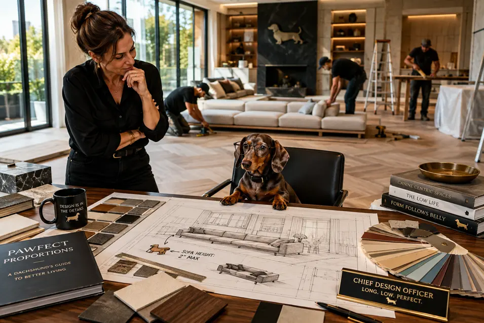 A bespectacled Dachshund takes charge of an interior design project, reviewing plans while contractors transform a luxurious modern home.