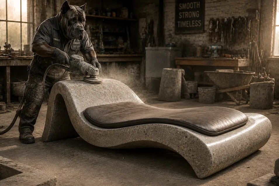 A muscular concrete worker polishes a sculptural concrete chaise lounge topped with a fitted dark leather cushion.