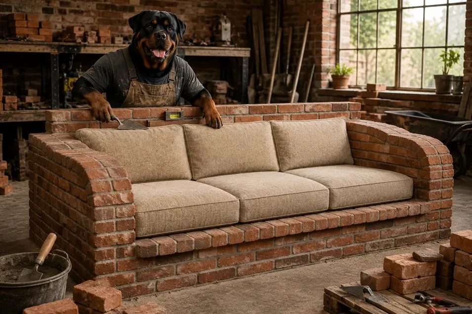 A Rottweiler bricklayer proudly builds a remarkable sofa from red brick, complete with comfortable upholstered cushions.