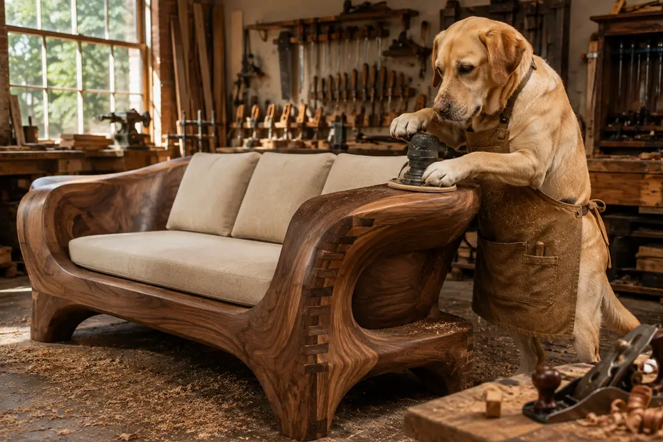 A Labrador woodworker sands the sculpted walnut arm of a handcrafted sofa inside a warm, traditional furniture workshop.