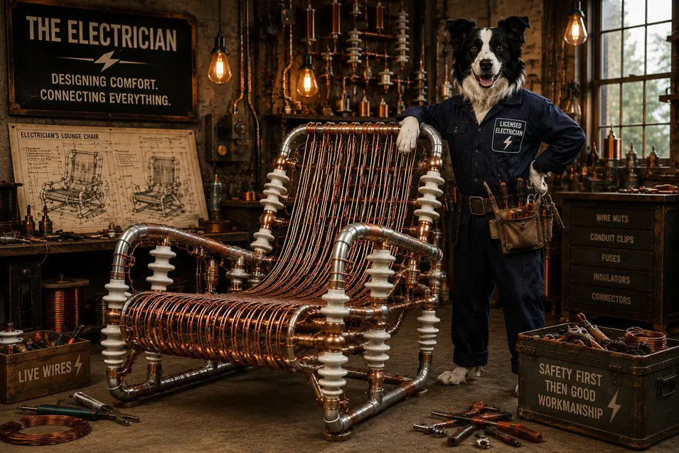 A Border Collie electrician proudly presents a lounge chair crafted from copper wire, conduit and ceramic insulators.