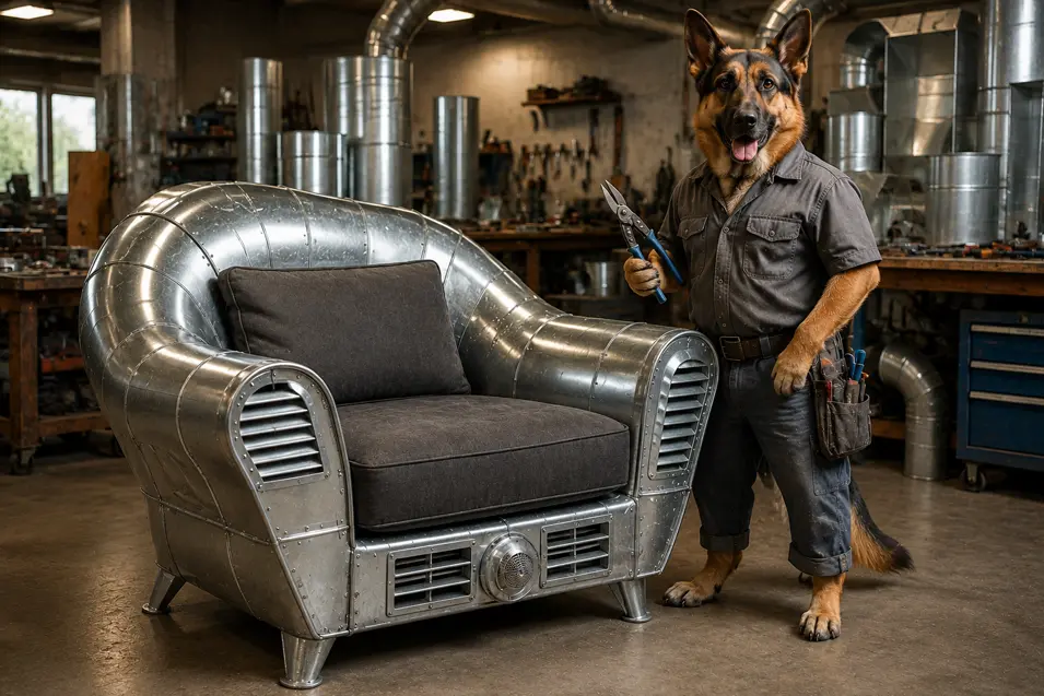 A German Shepherd sheet metal worker proudly presents an industrial armchair handcrafted from polished ductwork and steel.