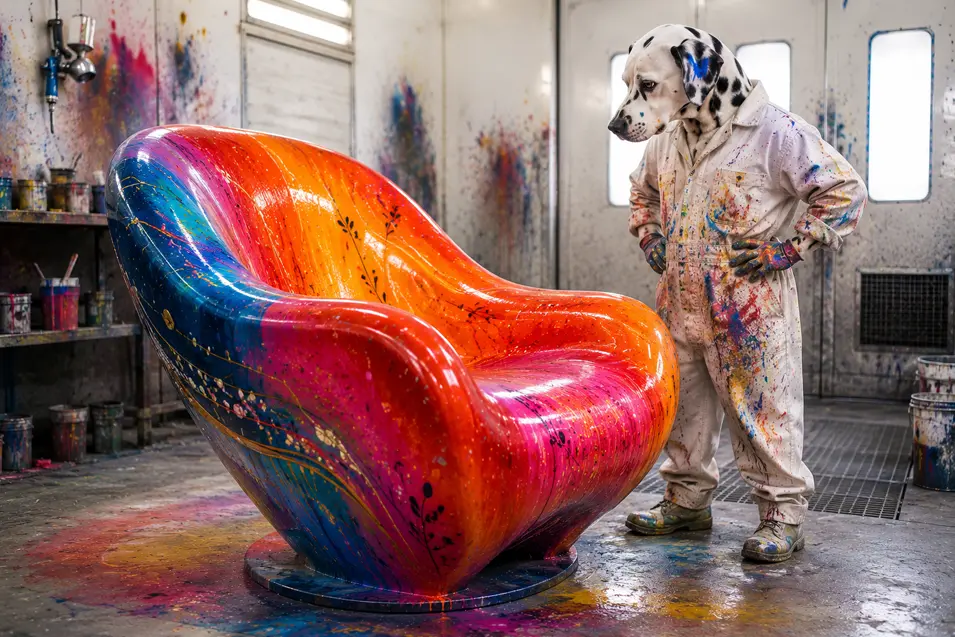 A Dalmatian painter proudly admires a sculptural lounge chair transformed with brilliant layers of colourful, expressive paint.