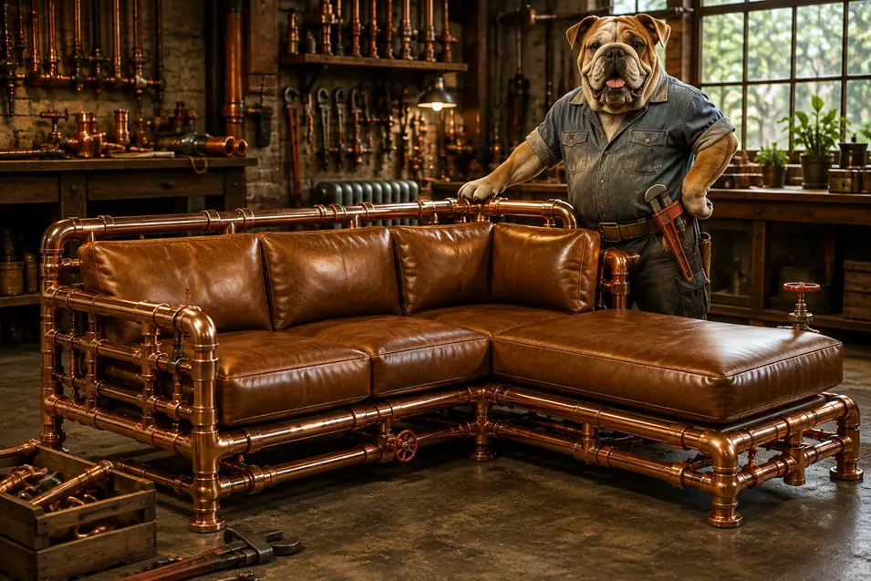 A Bulldog plumber proudly presents a sectional sofa built from polished copper pipes and rich brown leather in his workshop.