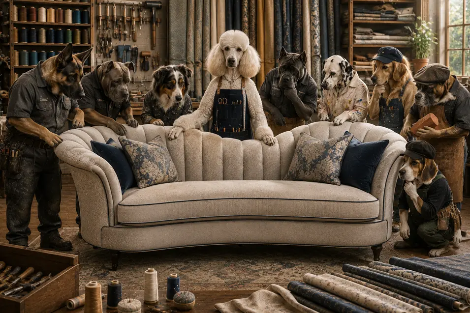 A team of skilled dog tradespeople proudly gathers around an elegant upholstered sofa, admiring their beautifully finished creation.
