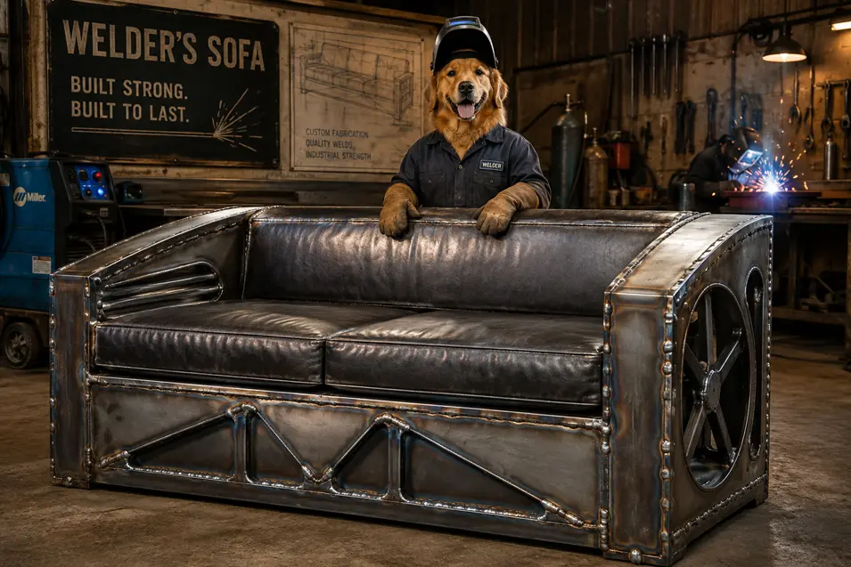 A proud welder dog stands behind a handcrafted steel and leather sofa inside a rugged fabrication workshop.