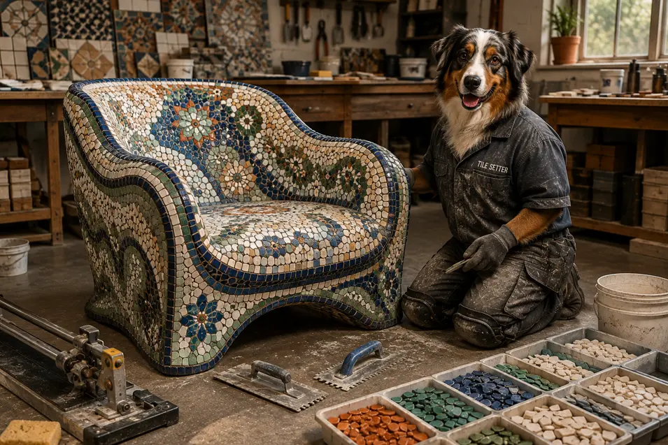 An Australian Shepherd tile setter proudly presents a sculptural armchair covered in intricate, colourful mosaic tilework.