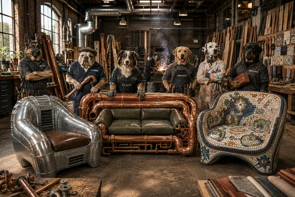 A crew of dog tradespeople proudly shows off their handcrafted furniture, including pieces made from copper, steel and mosaic tile.