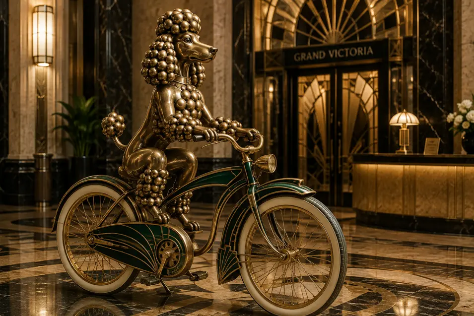 A polished metal poodle rides an elegant Art Deco bicycle through the glamorous marble lobby of a grand luxury hotel.