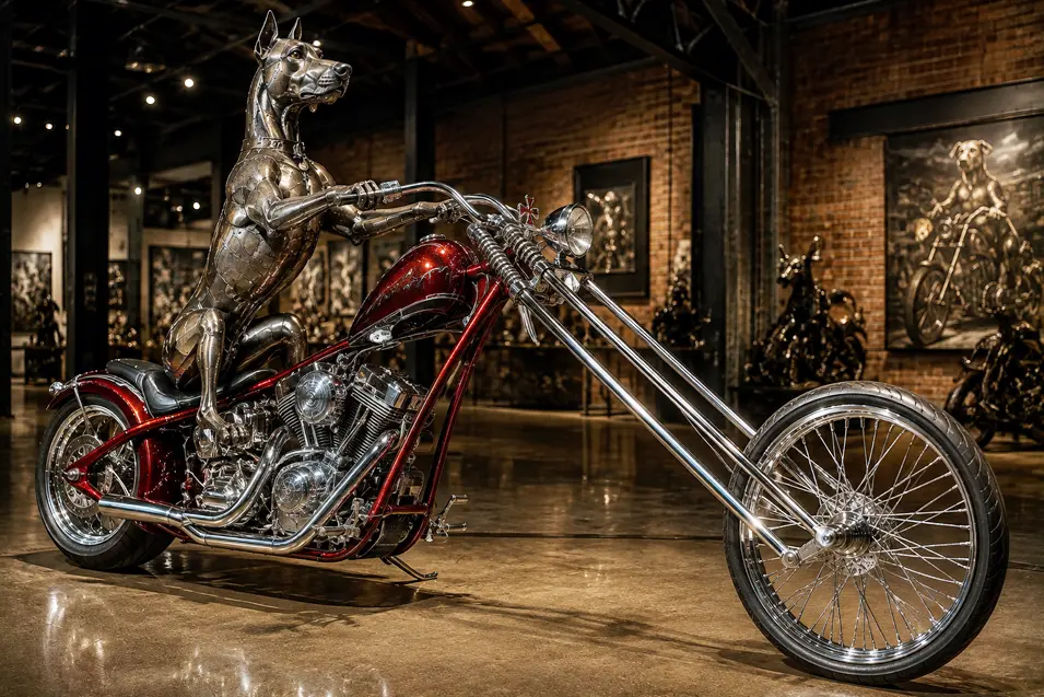 A towering metal Doberman rides a gleaming red custom chopper, displayed like fine art inside a dramatic industrial gallery.