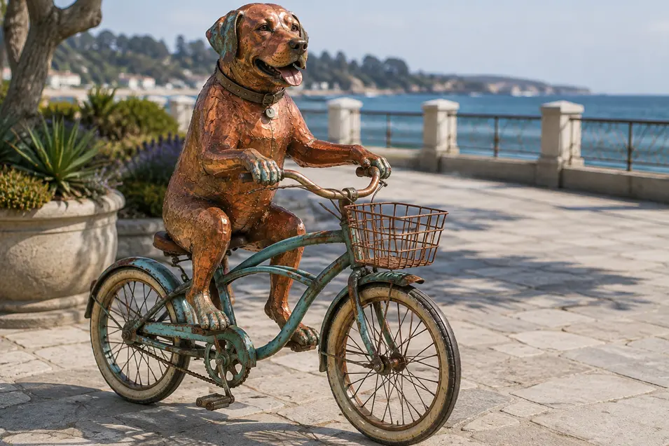 A cheerful copper dog pedals a weathered turquoise bicycle with a basket along a sunny seaside promenade.
