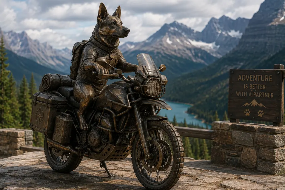A metal shepherd rides a rugged adventure motorcycle high in the mountains, fully equipped for an epic backcountry journey.
