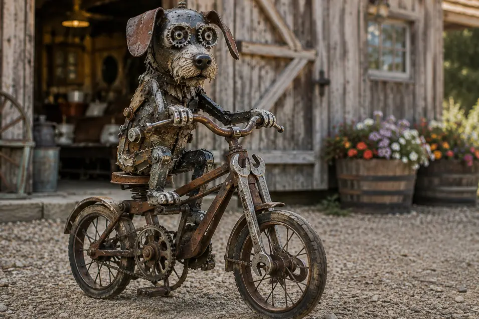 A quirky scrap-metal dog rides a handmade bicycle built from gears, wrenches and weathered steel outside a rustic workshop.