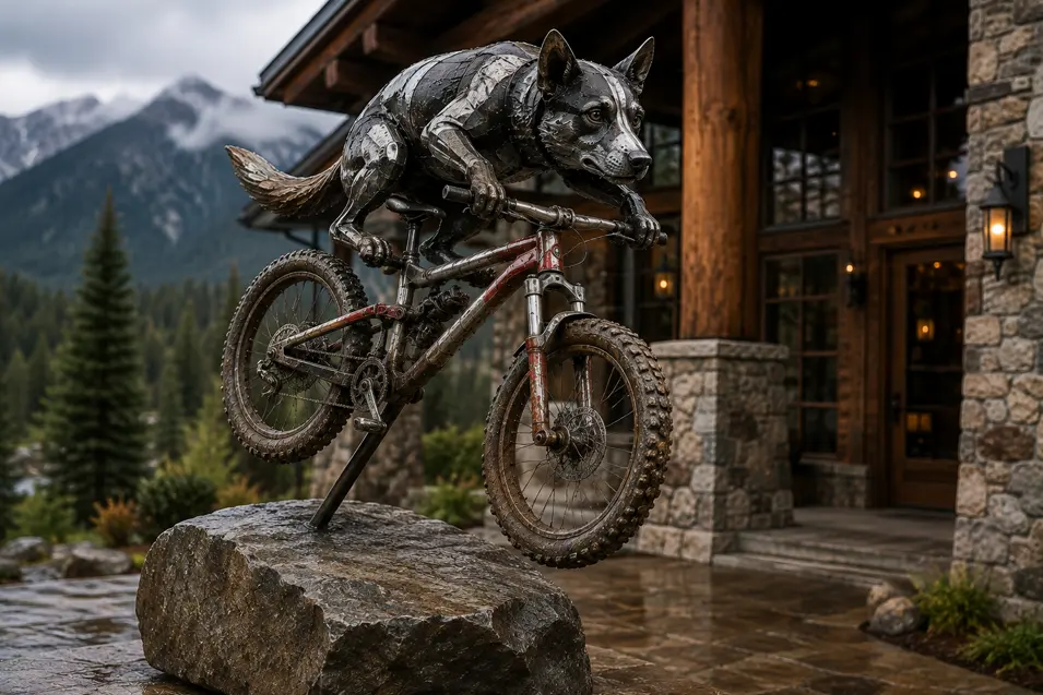 A metal dog launches over a rock on a rugged mountain bike, creating a dramatic sculpture against a spectacular alpine lodge setting.