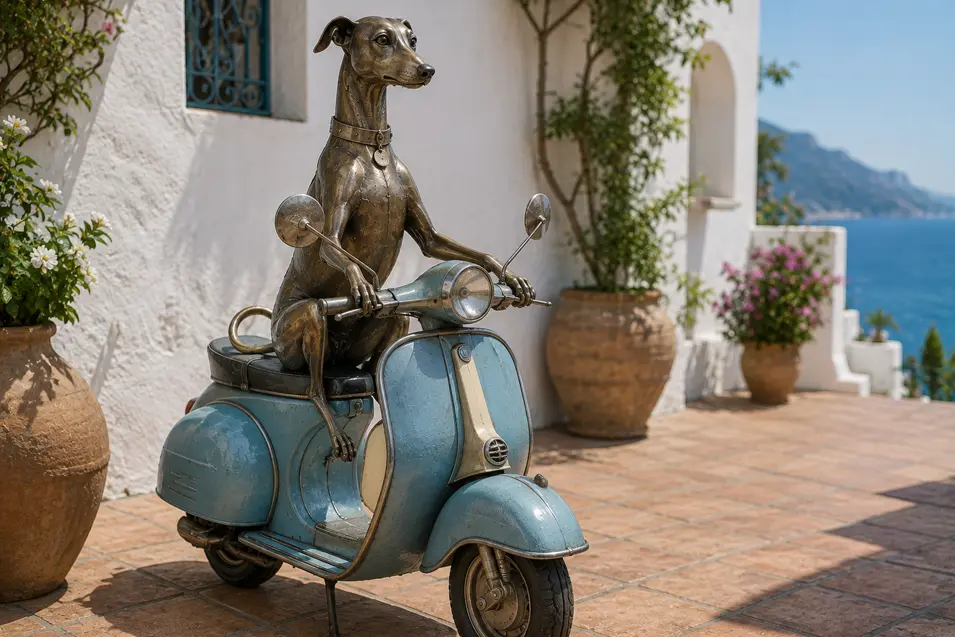 A sleek metal greyhound rides a vintage blue scooter along a sunlit Mediterranean terrace overlooking the sea.