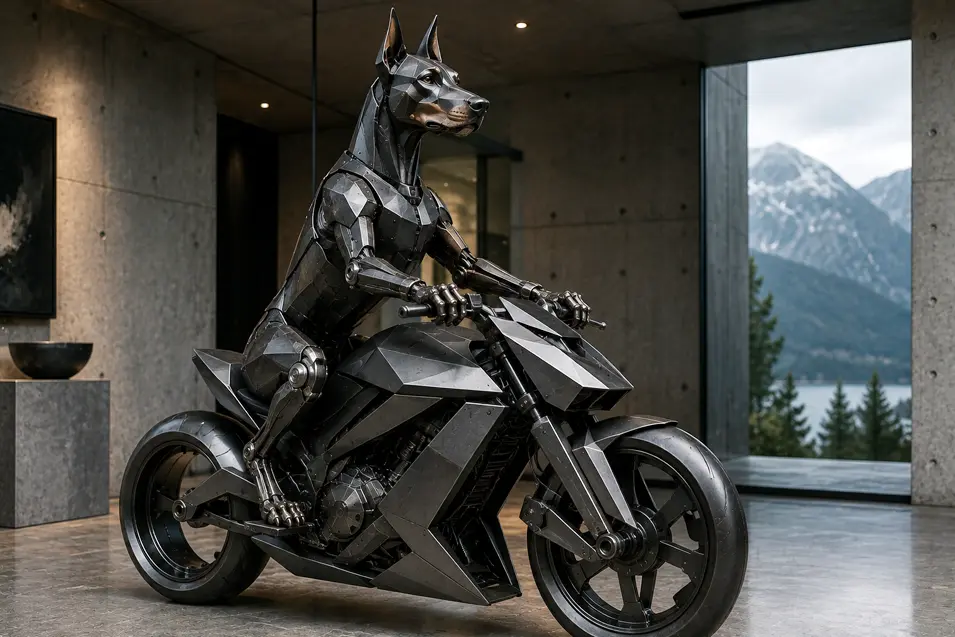 A futuristic metal Doberman rides an angular black motorcycle, displayed like contemporary sculpture inside a dramatic modern mountain home.