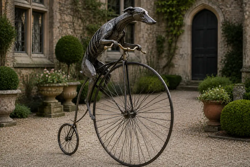 A sleek metal greyhound rides a towering penny-farthing bicycle through the elegant courtyard of a historic country estate.