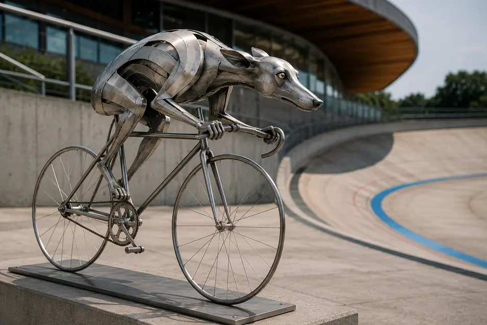A streamlined metal greyhound crouches over a racing bicycle, captured like a futuristic sculpture at a modern velodrome.