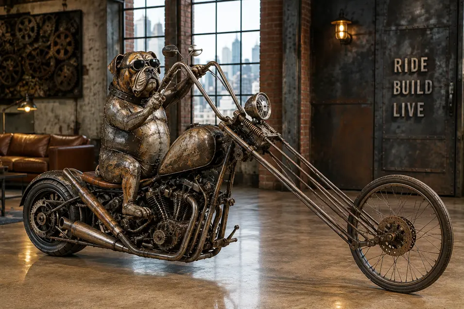 A sunglass-wearing metal bulldog commands a dramatically stretched custom chopper inside a stylish industrial motorcycle loft.