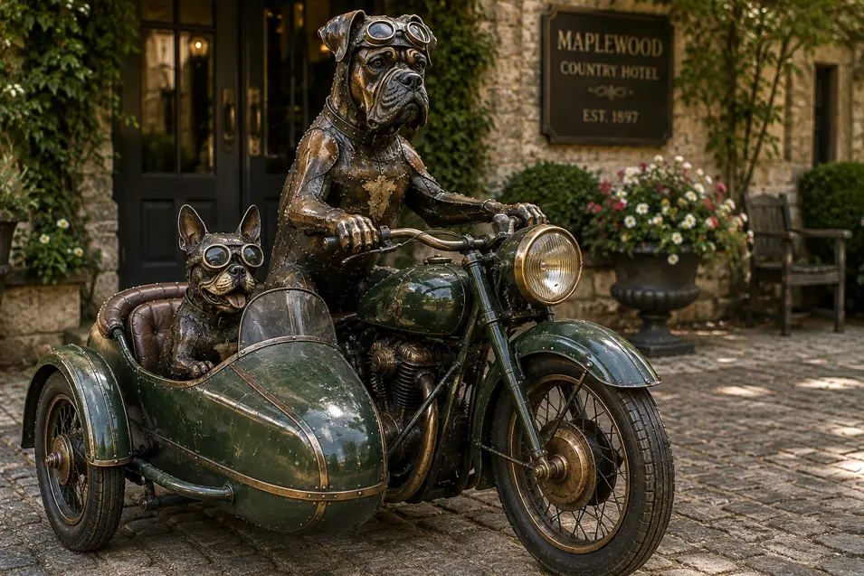 Two goggle-wearing metal dogs ride a vintage motorcycle and sidecar outside a charming ivy-covered country hotel.