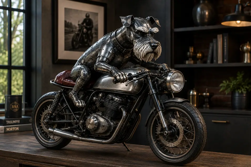 A metal Schnauzer leans into a sleek café racer motorcycle, creating a striking piece of handcrafted industrial art.