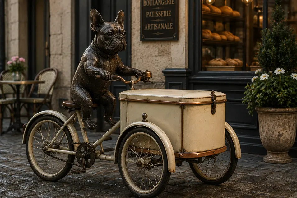 A metal French Bulldog pedals a charming vintage delivery tricycle outside a traditional French bakery.