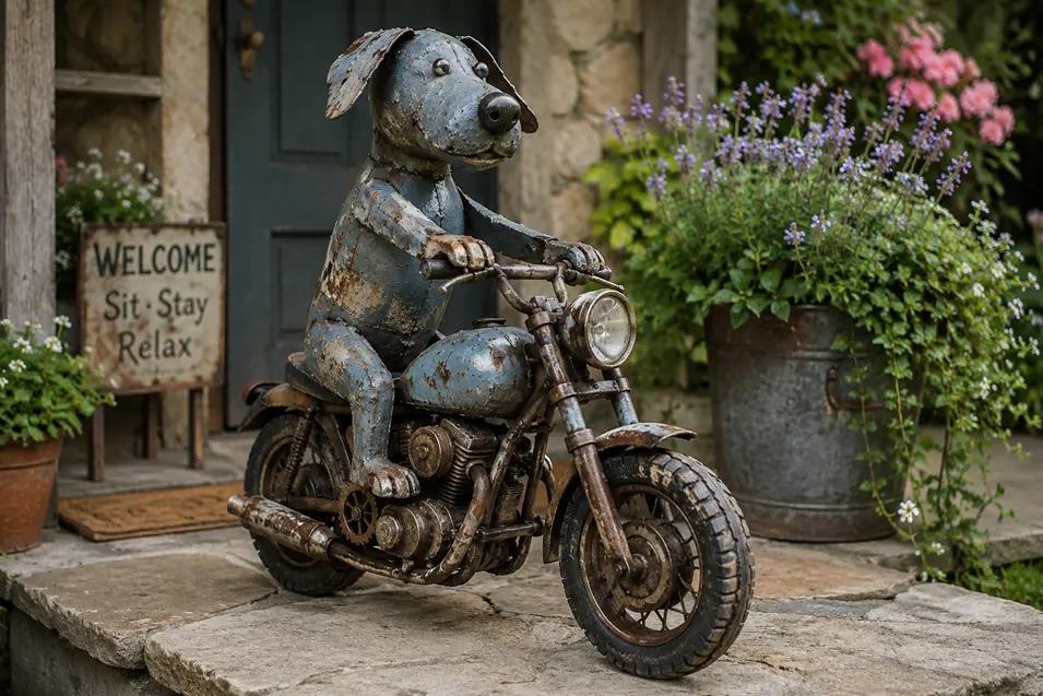 A whimsical weathered metal dog rides a vintage motorcycle outside a rustic country home surrounded by lush flowers.