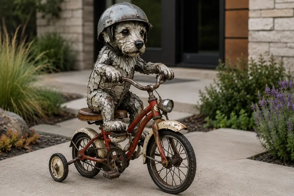 A helmeted metal dog pedals a charming vintage tricycle, blending playful sculpture with weathered industrial character.