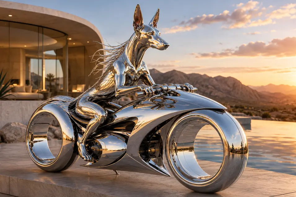 A mirror-polished metal dog rides a spectacular futuristic motorcycle with hubless wheels against a glowing mountain sunset.