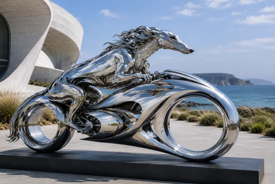 A mirror-polished metal greyhound races a fluid futuristic motorcycle, displayed as spectacular contemporary sculpture beside the sea.