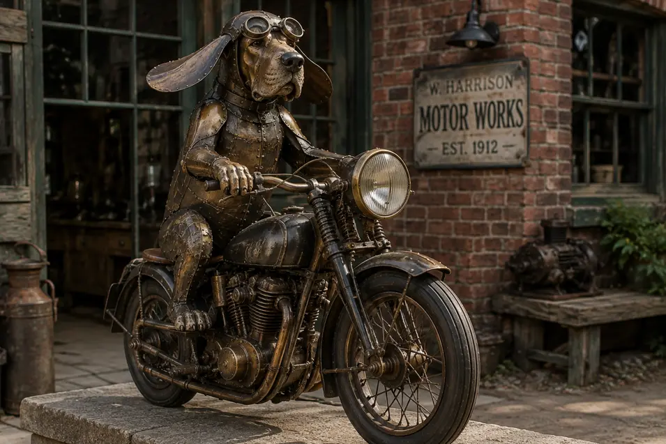 A goggle-wearing metal dog rides a beautifully weathered vintage motorcycle outside an old-fashioned brick motor workshop.